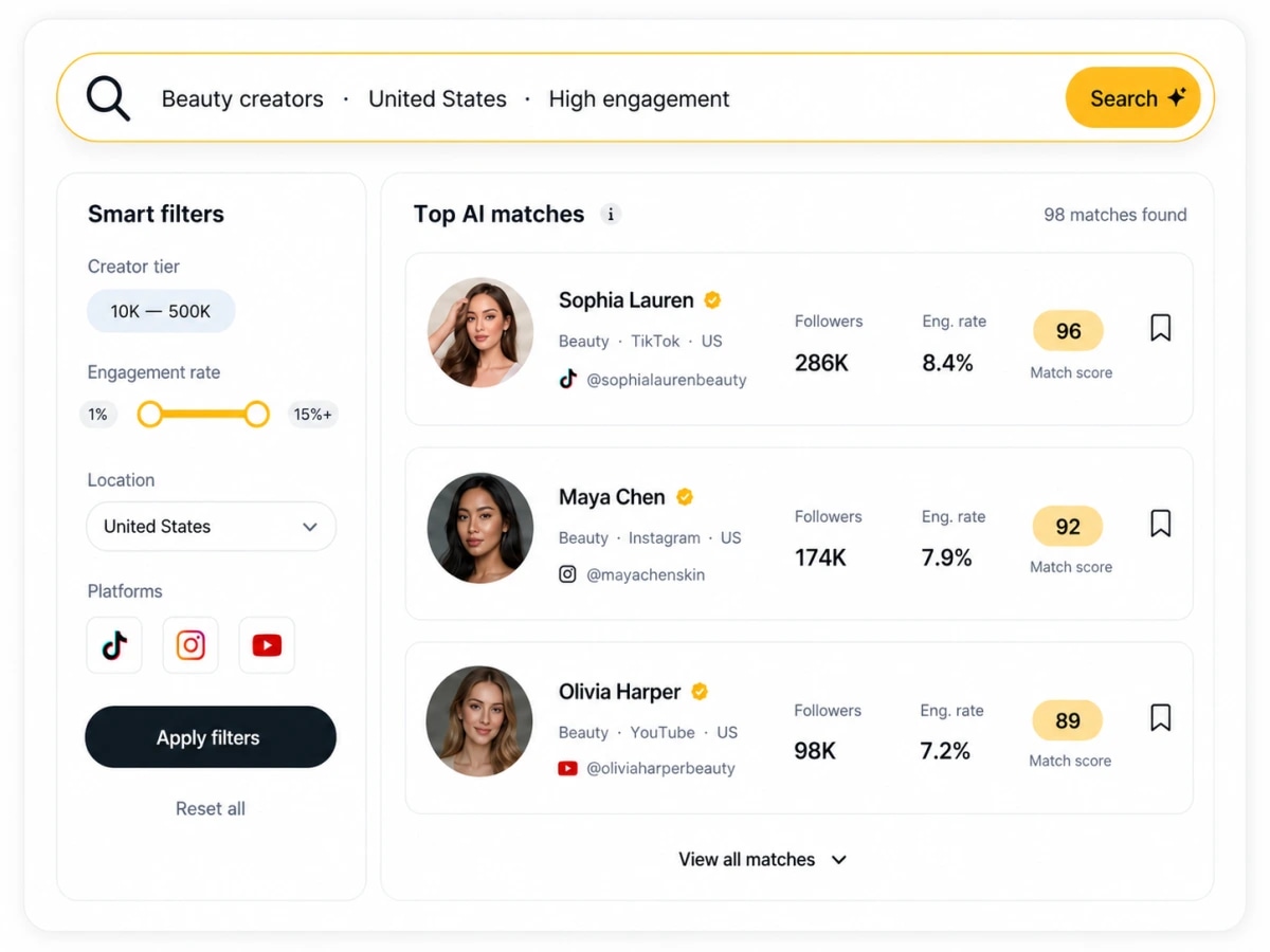 BeeMatch 达人筛选与推荐页面